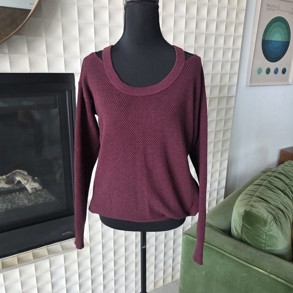 Michael Kors Open Shoulder Sweater, Wine Burgundy Metallic Threads, Size Small